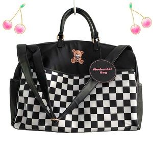 Kawaii teddy checkered large weekender shoulder bag, black white